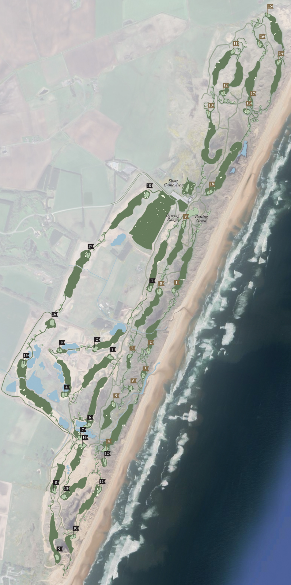 The New course (indicated with black flags) plays from the clubhouse down to the Southern Dome, for holes eight to fourteen among high natural dunes, before returning via four closing holes further inland (Image: Trump International Golf Links)